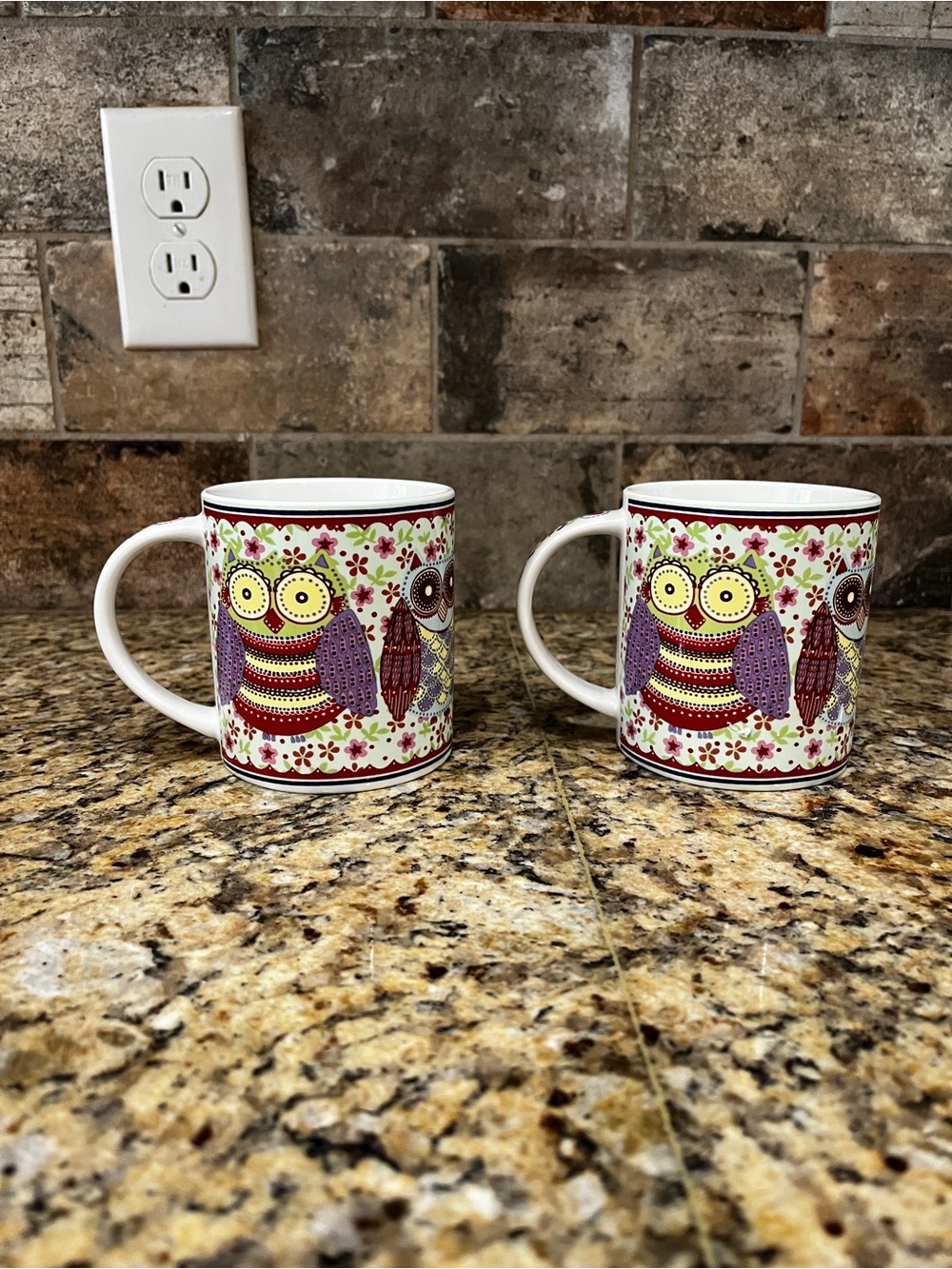 QUEENS Mug NIGHT OWLS Birds Multicolor Heart Flower Set of 2